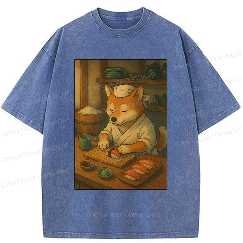 Tokyo-Tiger Dog Sushi Chef Washed T-Shirt