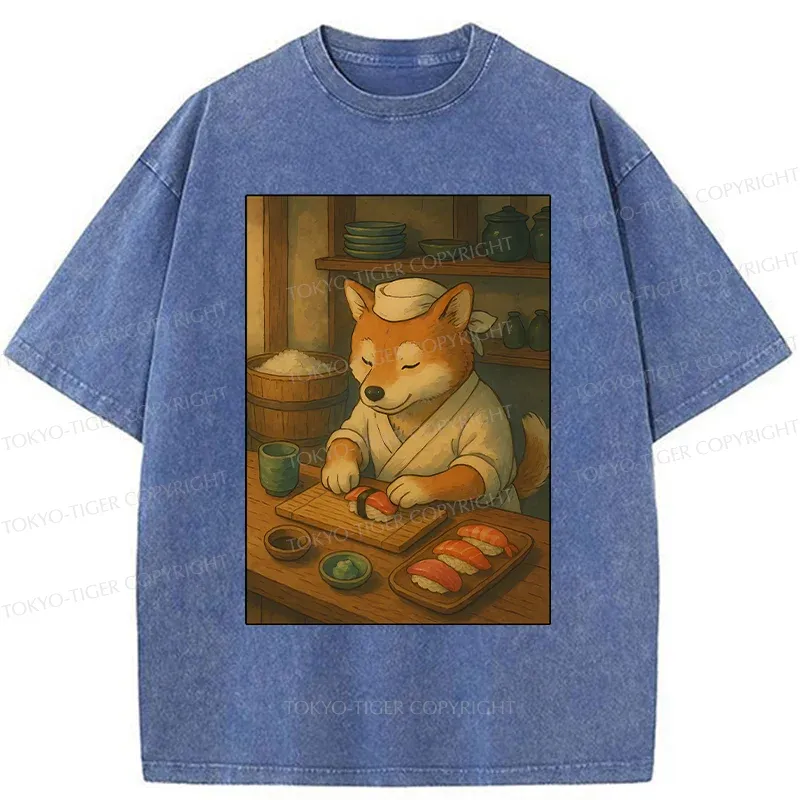 Tokyo-Tiger Dog Sushi Chef Washed T-Shirt