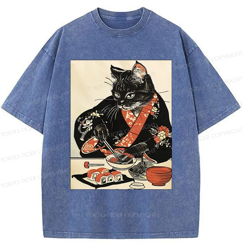 Tokyo-Tiger Cat Cut Sushi Washed T-Shirt