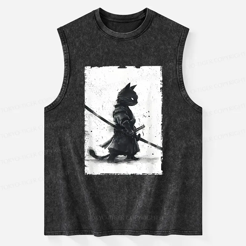 Tokyo-Tiger Retro Cat Samurai Japanese Washed Tank Sale