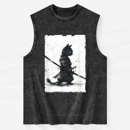 Tokyo-Tiger Retro Cat Samurai Japanese Washed Tank