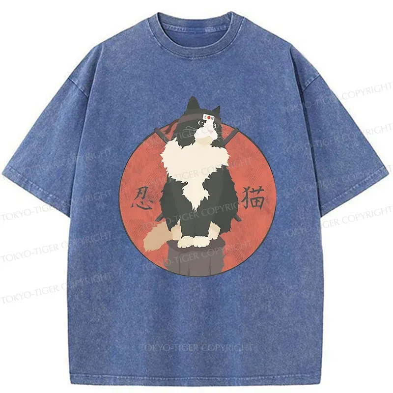 Tokyo-Tiger Cute Ninja Cat Washed T-Shirt