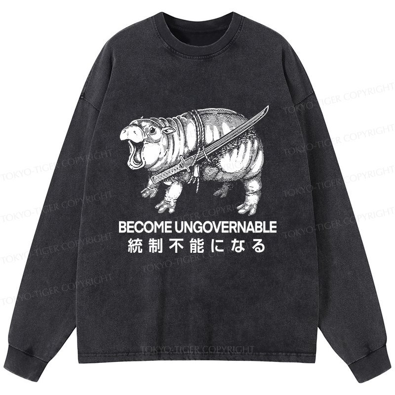 Tokyo-Tiger Moo Deng Carrying A Samurai Sword Washed Long Sleeve T-Shirt