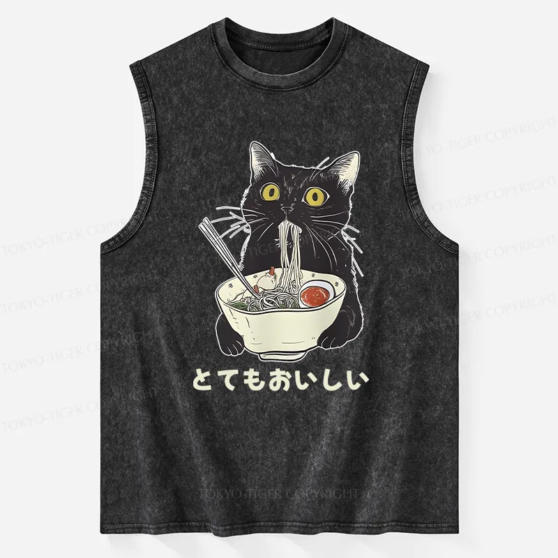 Tokyo-Tiger Cats Eat Ramen Noodles Washed Tank
