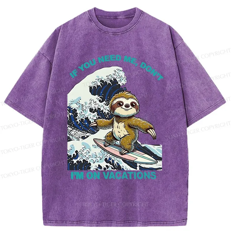Tokyo-Tiger Surfing Sloth Funny Washed T-Shirt