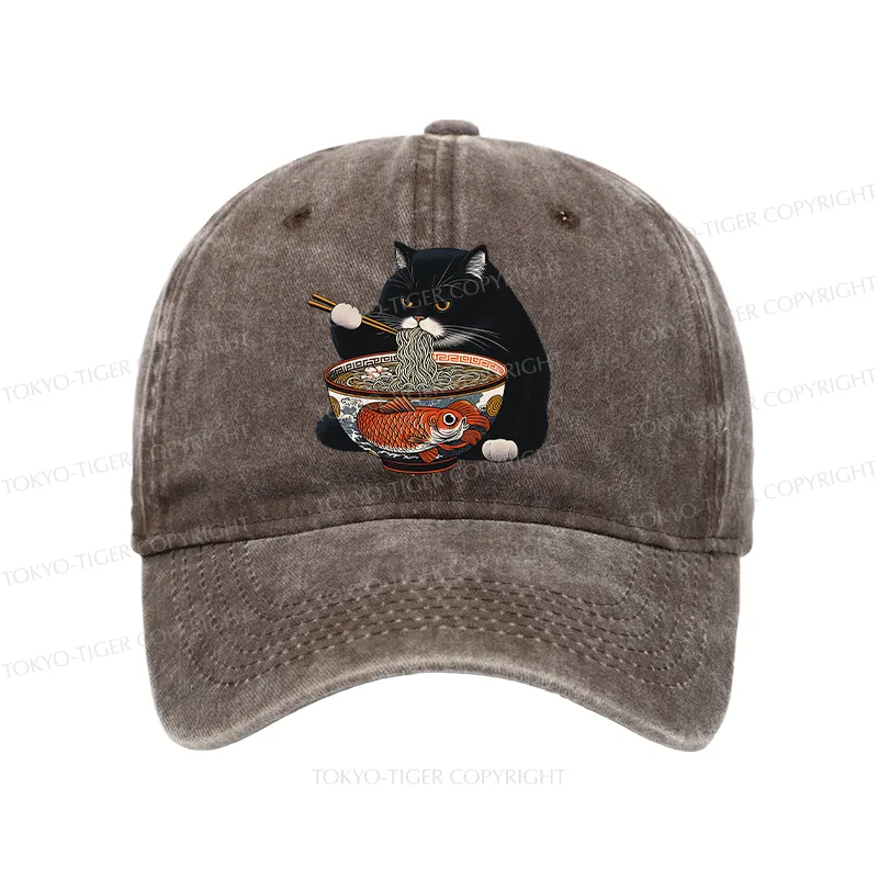 Tokyo-Tiger Fat Cat Eating Ramen Washed Cap