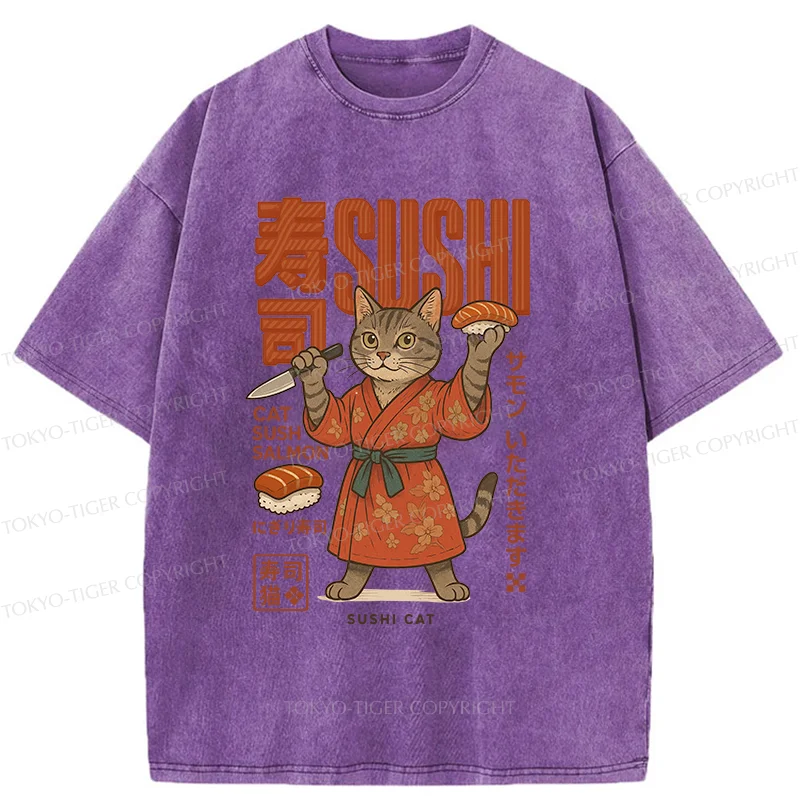 Tokyo-Tiger Sushi Made By Cat Chef Washed T-Shirt
