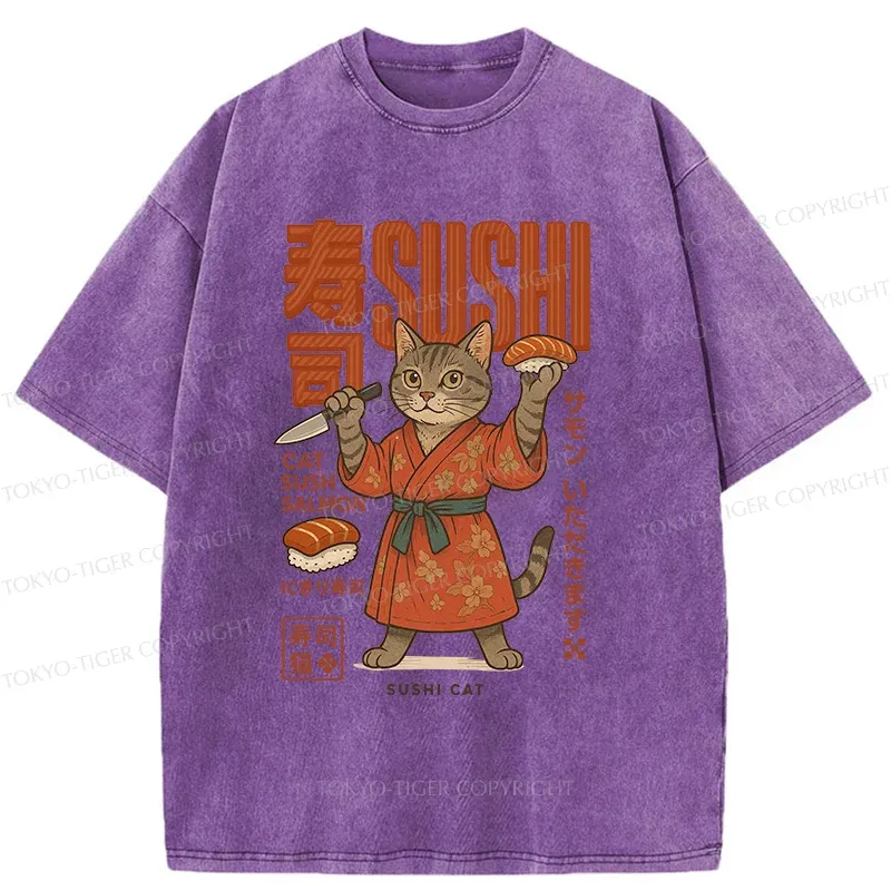 Tokyo-Tiger Sushi Made By Cat Chef Washed T-Shirt