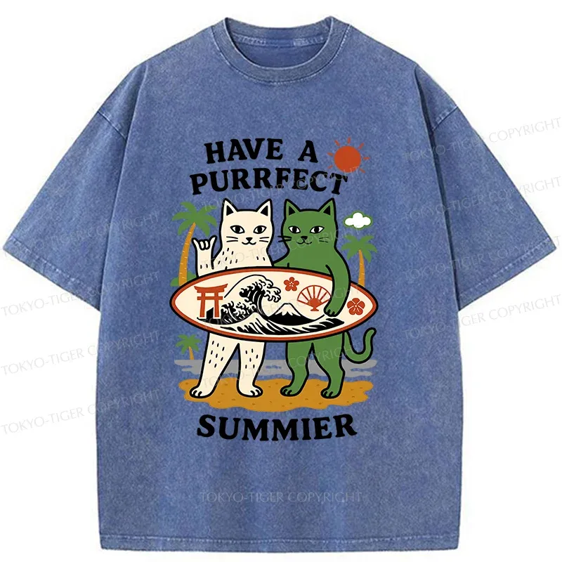 Tokyo-Tiger Beach Surfing Cat Washed T-Shirt
