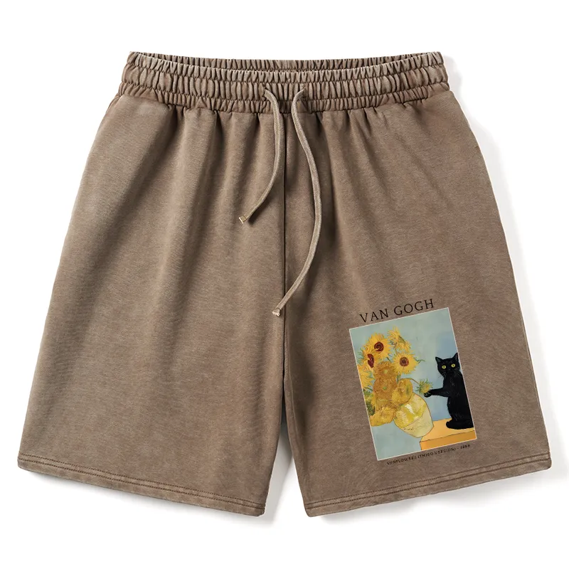 Tokyo-Tiger Black Cat With Sunflowers Washed Shorts