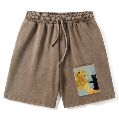 Tokyo-Tiger Black Cat With Sunflowers Washed Shorts