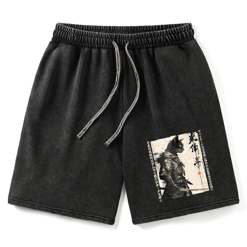 Tokyo-Tiger Cat Samurai Retro Washed Shorts