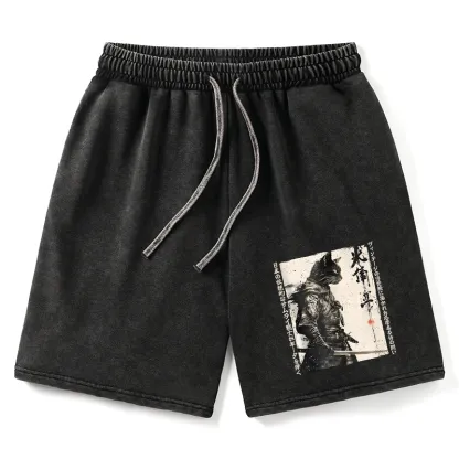 Tokyo-Tiger Cat Samurai Retro Washed Shorts