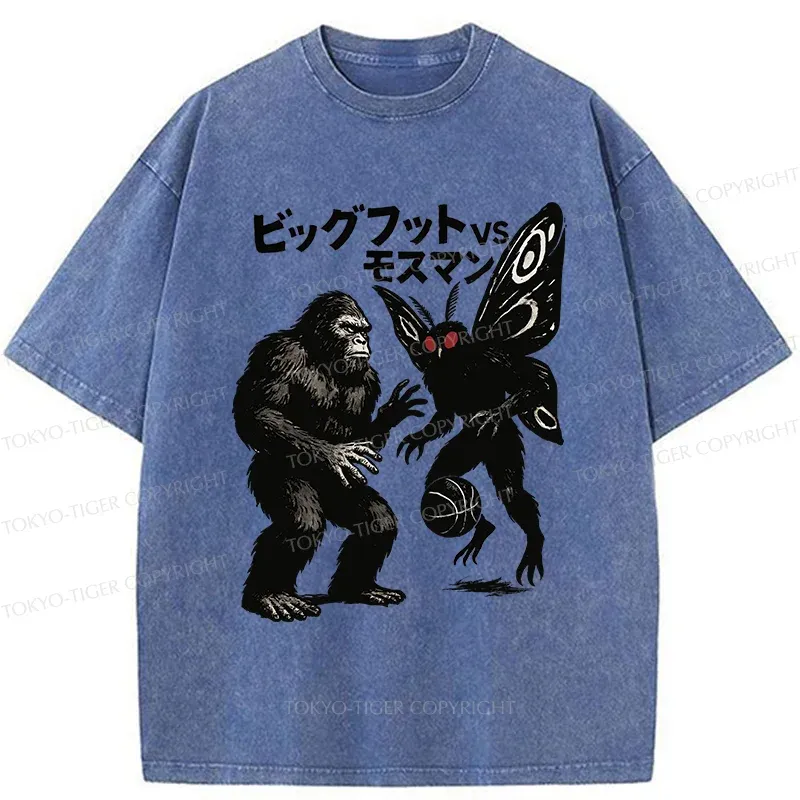 Tokyo-Tiger Battle Between Bigfoot And Mothmen Washed T-Shirt