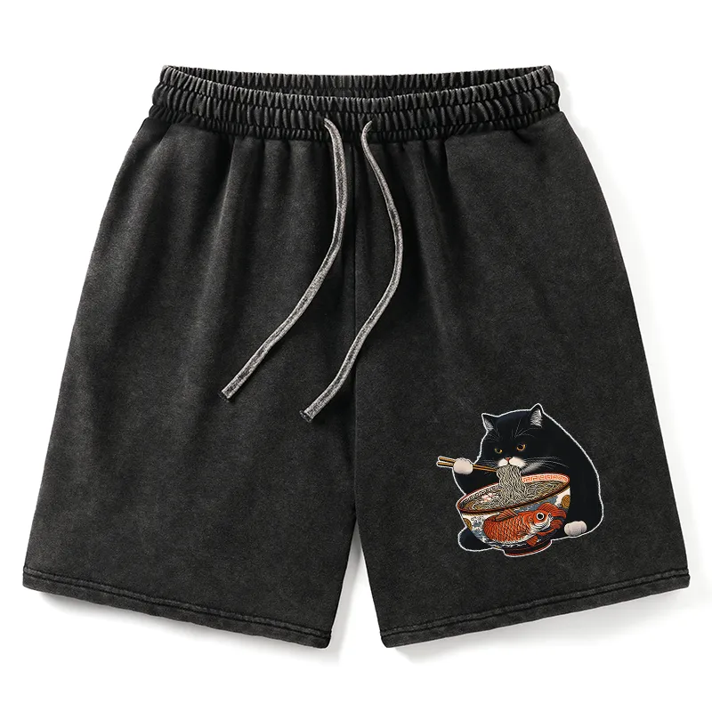 Tokyo-Tiger Fat Cat Eating Ramen Washed Shorts