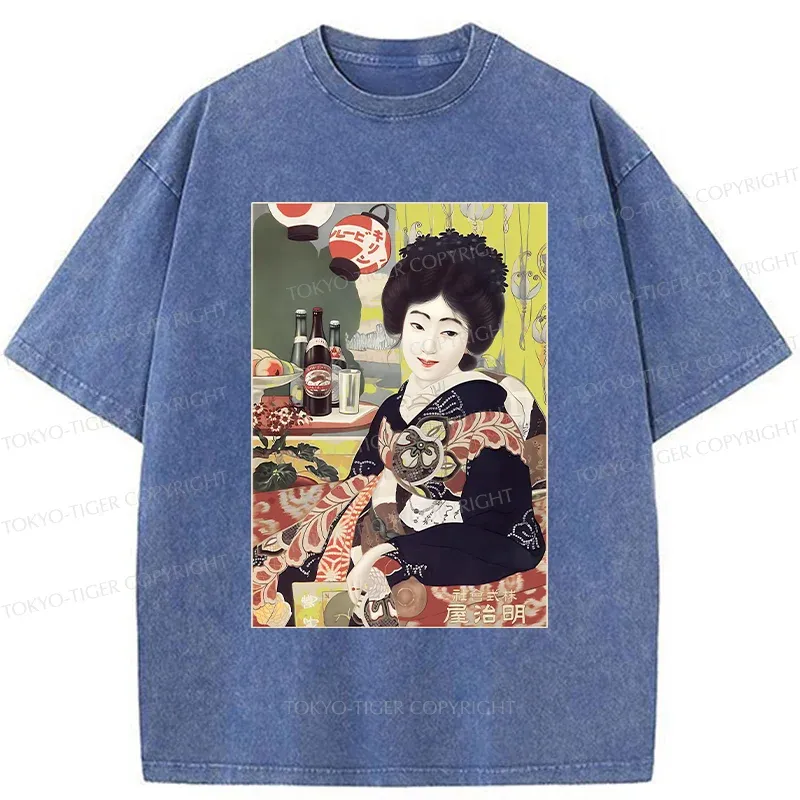 Tokyo-Tiger Geisha Drinking Beer Washed T-Shirt