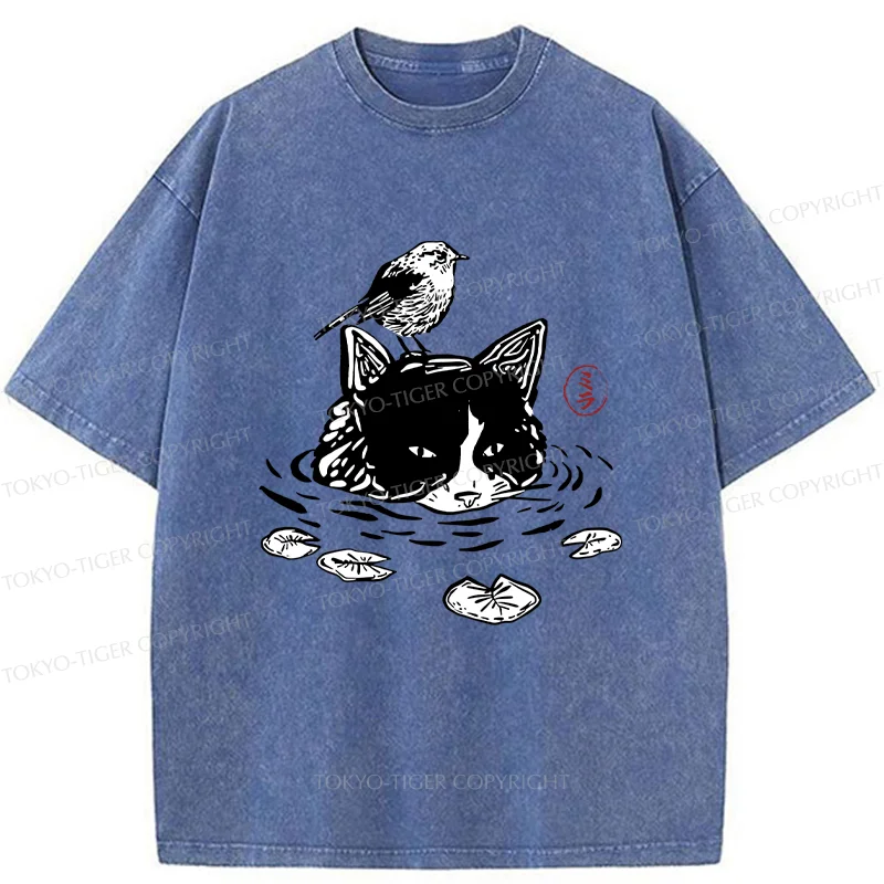 Tokyo-Tiger Cat Taking A Bath Washed T-Shirt