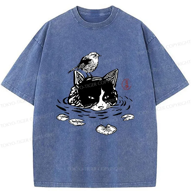 Tokyo-Tiger Cat Taking A Bath Washed T-Shirt
