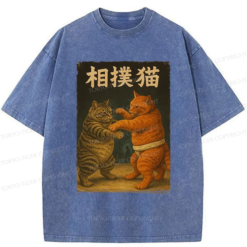 Tokyo-Tiger Sumo Cat Funny Washed T-Shirt