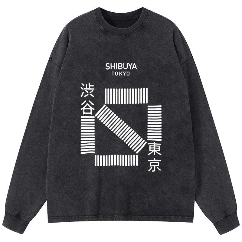Tokyo-Tiger Japanese Shibuya Crossing Washed Long Sleeve T-Shirt