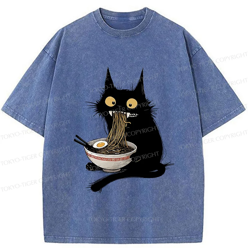 Tokyo-Tiger Naughty Kitten Is Eating Ramen Washed T-Shirt