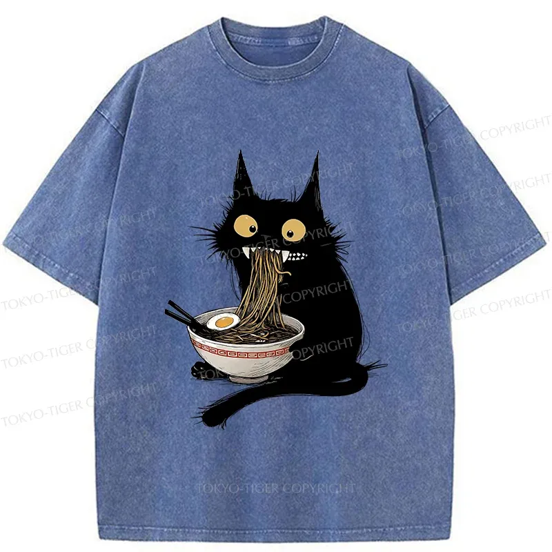 Tokyo-Tiger Naughty Kitten Is Eating Ramen Washed T-Shirt