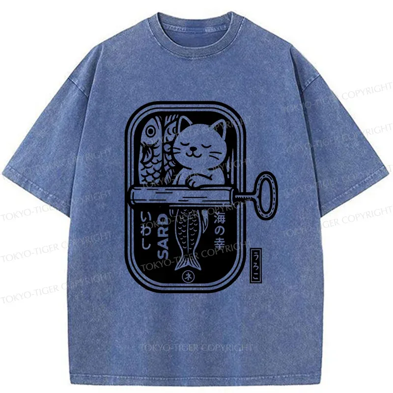 Tokyo-Tiger Cat And Canned Fish Washed T-Shirt