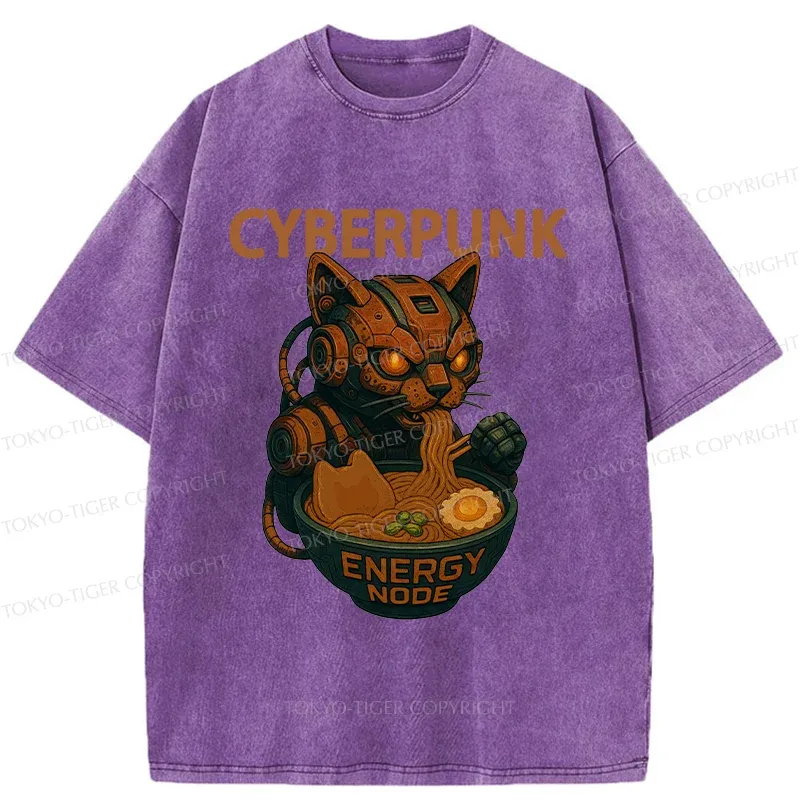 Tokyo-Tiger Retro Machine Cat Eating Ramen Washed T-Shirt