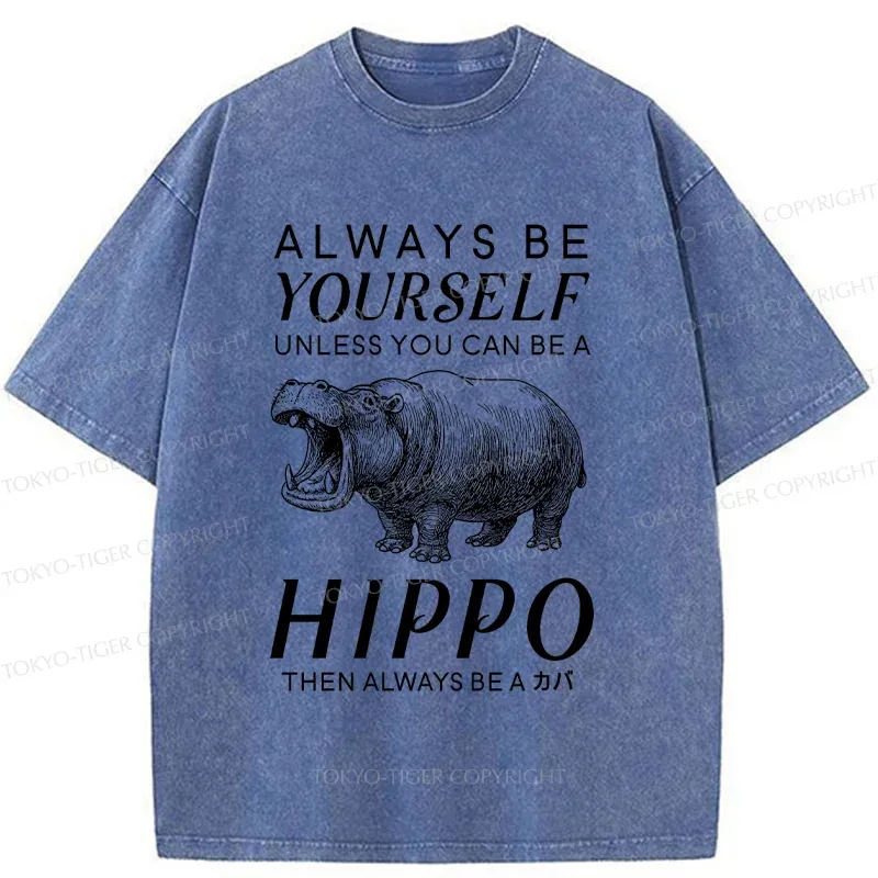 Tokyo-Tiger Funny Hippopotamu Washed T-Shirt