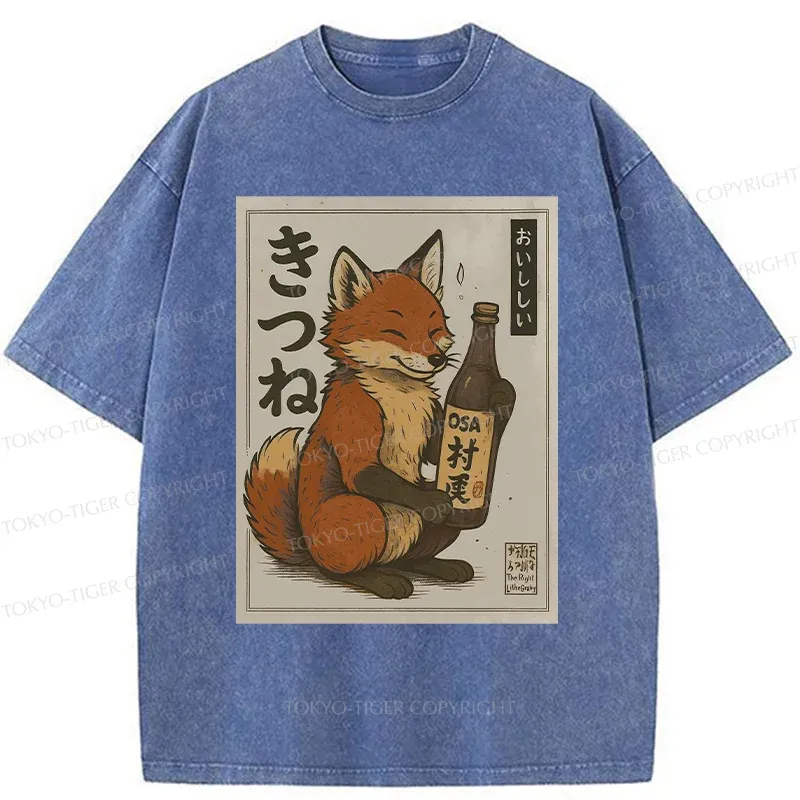 Tokyo-Tiger Fox Holding Sake Washed T-Shirt