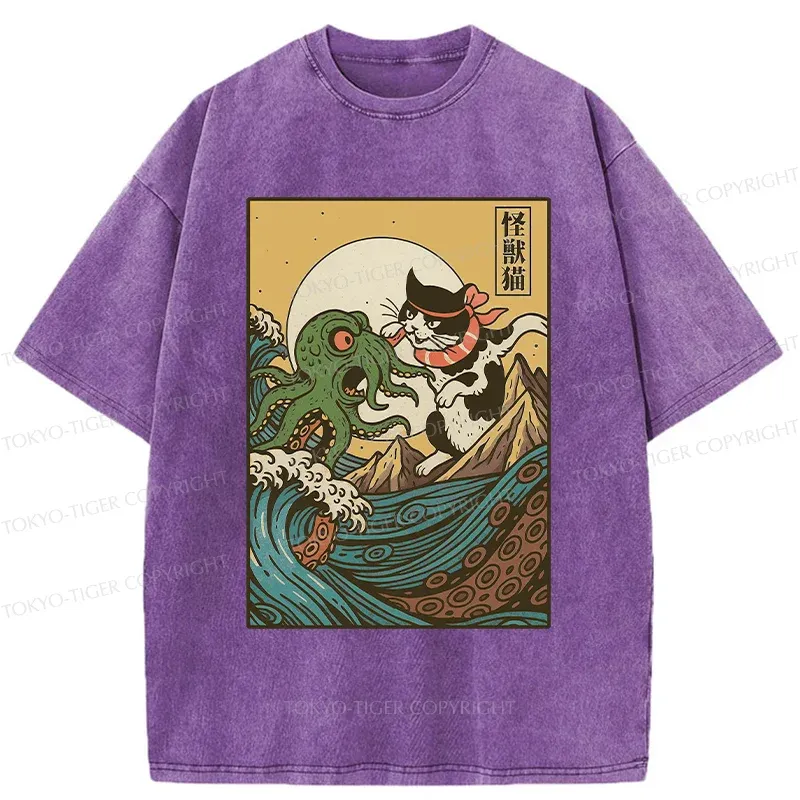 Tokyo-Tiger Cat And Octopus Battle Funny Washed T-Shirt