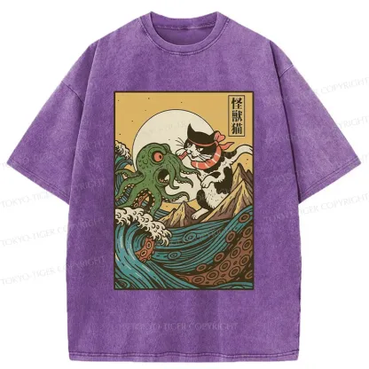 Tokyo-Tiger Cat And Octopus Battle Funny Washed T-Shirt