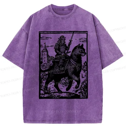 Tokyo-Tiger Samurai Riding A Cat Washed T-Shirt