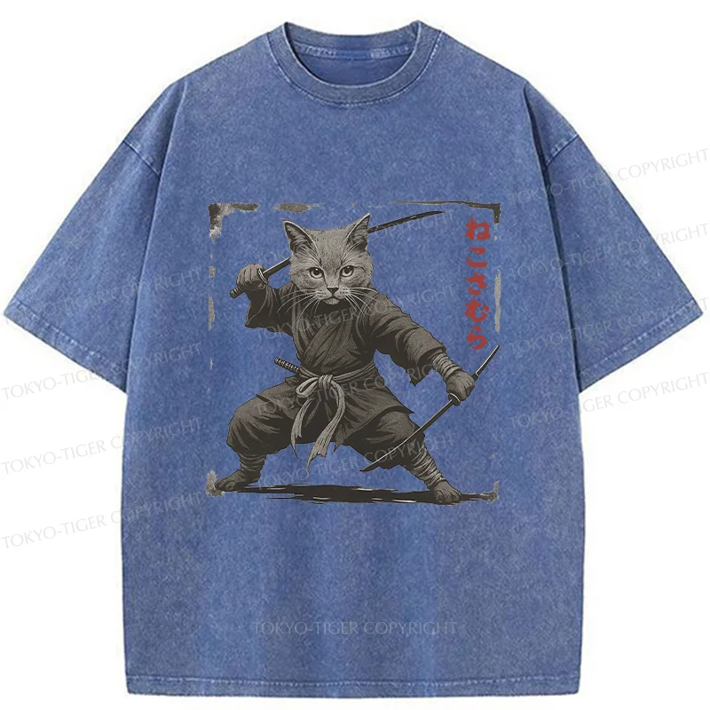 Tokyo-Tiger Handsome Cat Samurai Washed T-Shirt