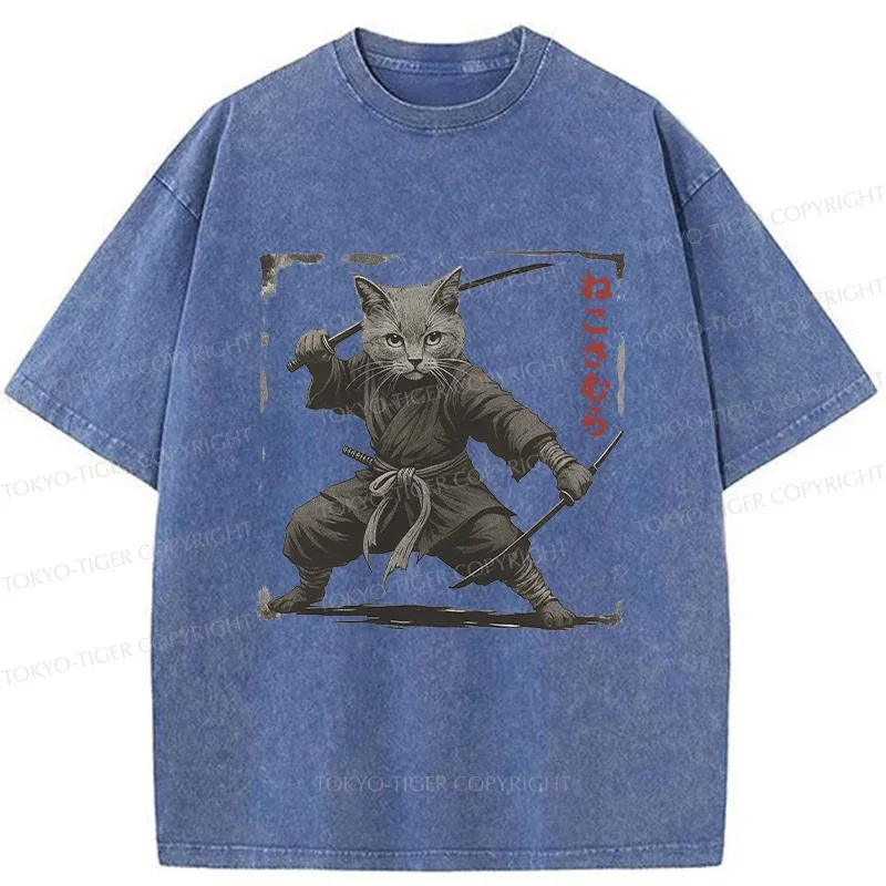 Tokyo-Tiger Handsome Cat Samurai Washed T-Shirt