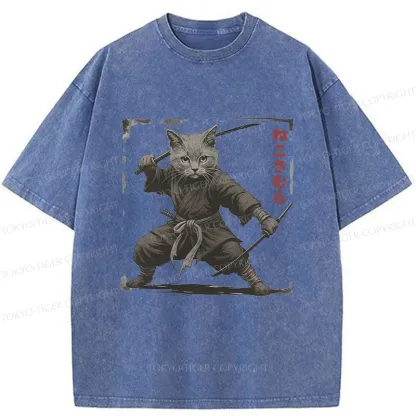 Tokyo-Tiger Handsome Cat Samurai Washed T-Shirt