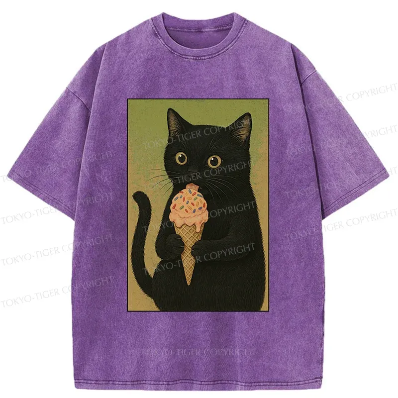 Tokyo-Tiger Kitten Rating Ice Cream Washed T-Shirt