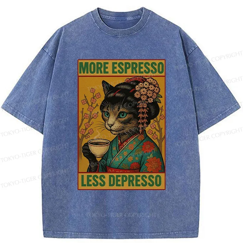 Tokyo-Tiger Geisha Cat Drinking Coffee Washed T-Shirt