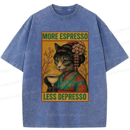 Tokyo-Tiger Geisha Cat Drinking Coffee Washed T-Shirt