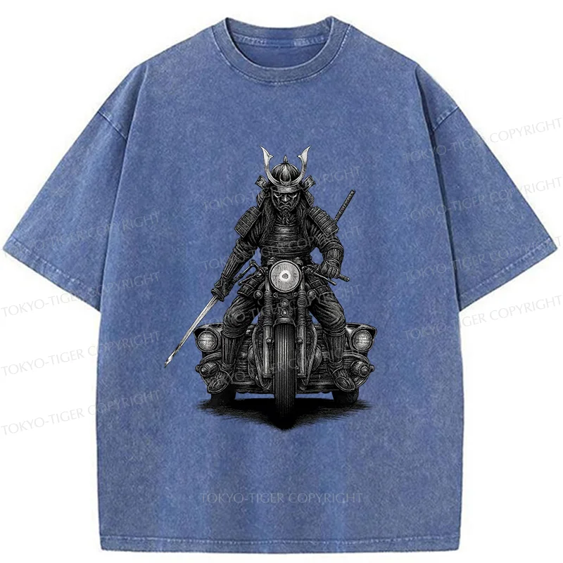 Tokyo-Tiger Samurai Riding A Motorcycle Washed T-Shirt