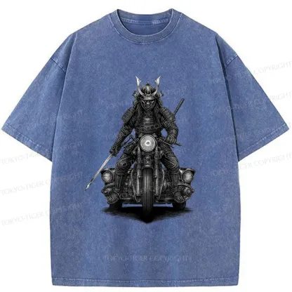 Tokyo-Tiger Samurai Riding A Motorcycle Washed T-Shirt