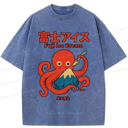 Tokyo-Tiger Octopus Eating Mount Fuji Washed T-Shirt