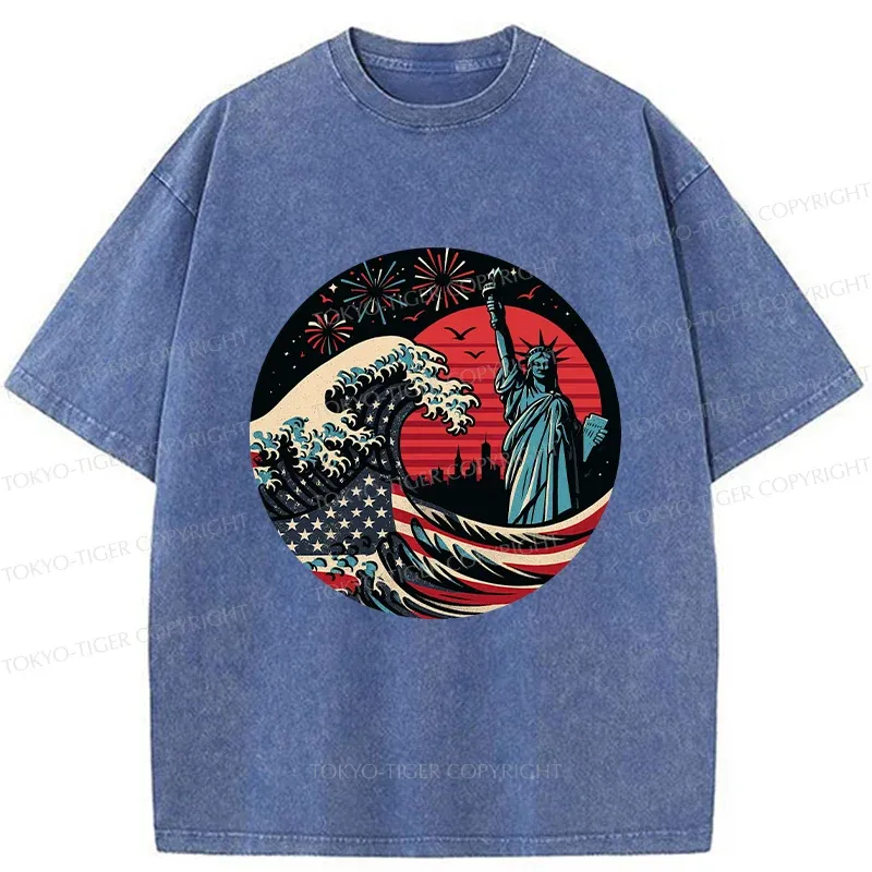 Tokyo-Tiger Independence Day And Waves Washed T-Shirt