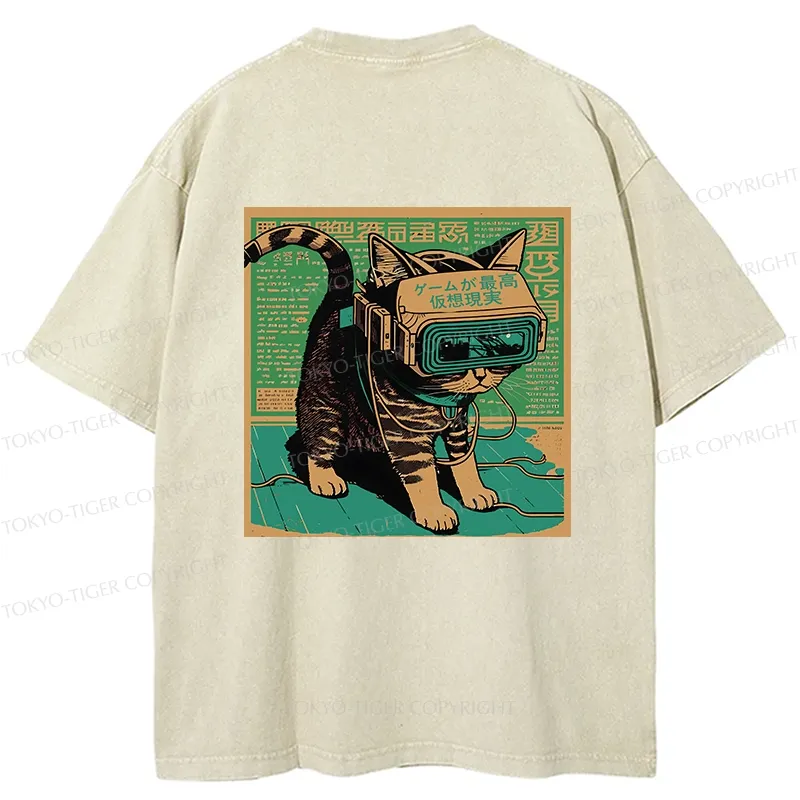 Tokyo-Tiger Cyberpunk Sci-Fi Cat Back Washed T-Shirt