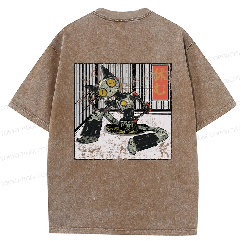 Tokyo-Tiger Robot Cat Taking A Rest Back Washed T-Shirt