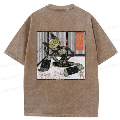 Tokyo-Tiger Robot Cat Taking A Rest Back Washed T-Shirt