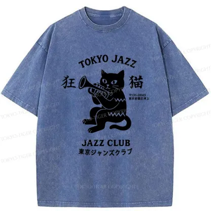 Tokyo-Tiger Cat Blowing Trumpet Washed T-Shirt