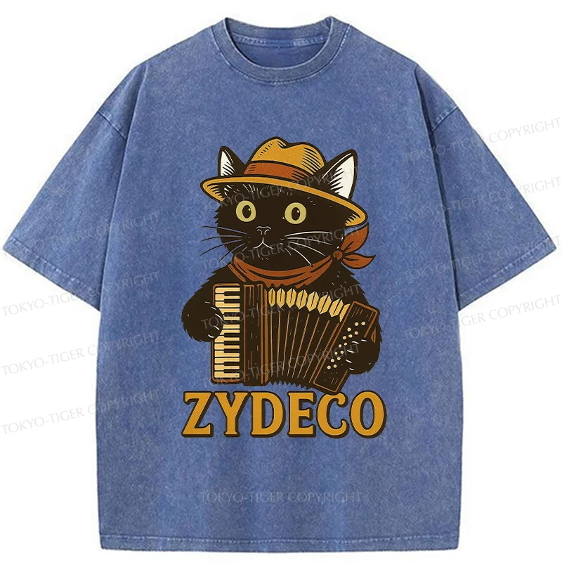 Tokyo-Tiger Cat Playing Accordion Washed T-Shirt