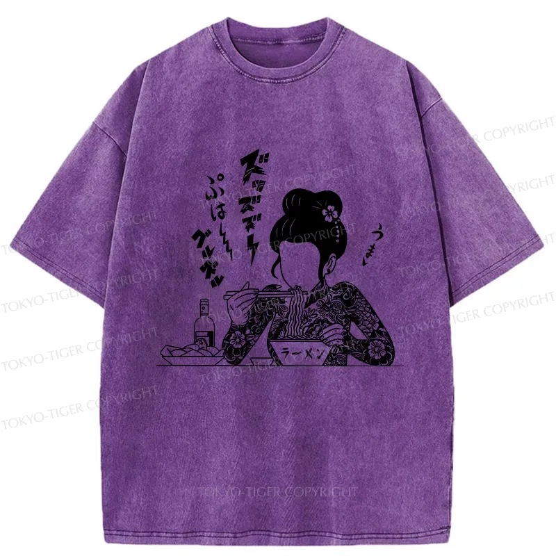 Tokyo-Tiger Japanese Beauty Eating Ramen Washed T-Shirt