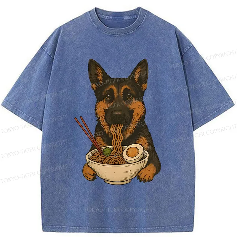 Tokyo-Tiger German Shepherd Eating Ramen Washed T-Shirt